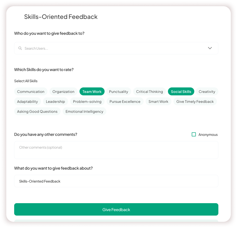 Feedback form to give feedback on specific skills