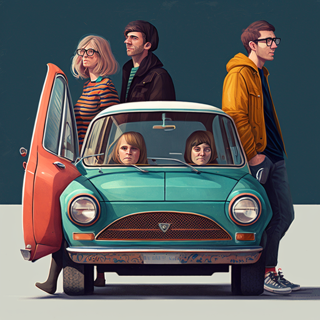 AI-generiertes Bild einer Gruppe von Freunden und Nachbarn rund um ein Auto, das sie sich teilen