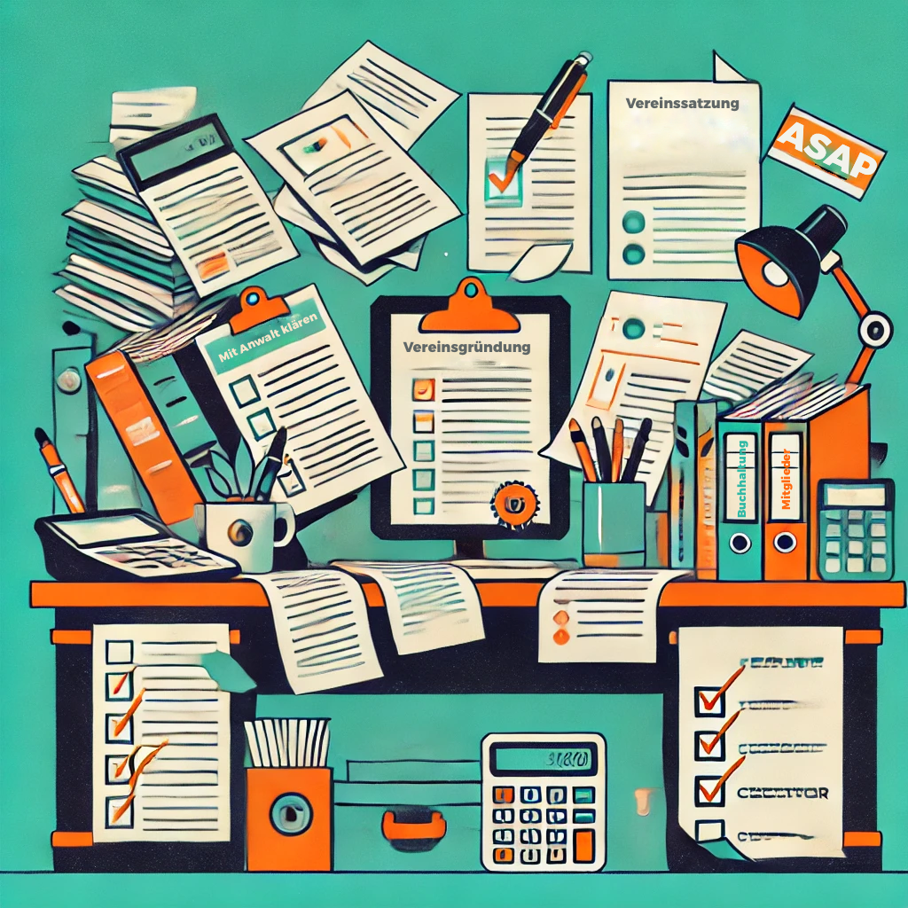 Illustration eines überladenen Schreibtisches, der die Bürokratie bei der Gründung eines Carsharing-Vereins darstellt. Zu sehen sind Dokumente mit Begriffen wie "Vereinsgründung", "Mit Anwalt klären" und "Buchhaltung", sowie Checklisten, Stifte, Bücher, Ordner und ein Taschenrechner. Das Bild vermittelt die Komplexität und den Verwaltungsaufwand, der mit der Gründung und Verwaltung eines Vereins verbunden ist.