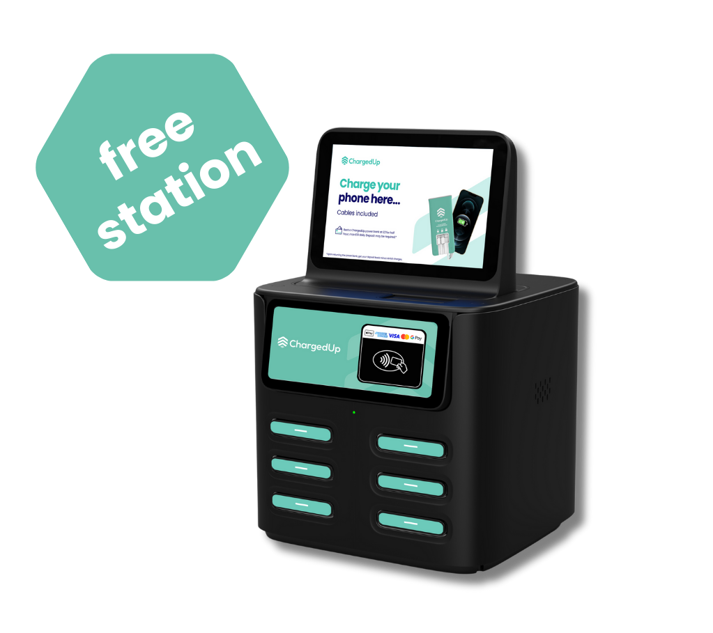 This image shows a ChargedUp small station designed for power bank rentals. It is a compact unit offering a free portable charging service for mobile devices, featuring multiple slots for power banks and a digital display for easy operation. Ideal for venues needing a convenient mobile charging solution.