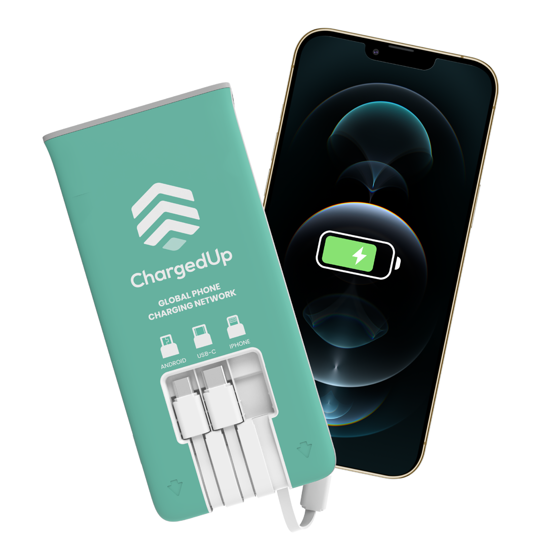 This image features a ChargedUp portable power bank designed for mobile devices. The sleek, turquoise power bank includes built-in cables compatible with Android, USB-C, and iPhone devices. Ideal for users needing an on-the-go charging solution, it represents ChargedUp's commitment to providing convenient and reliable power access through its global phone charging network.