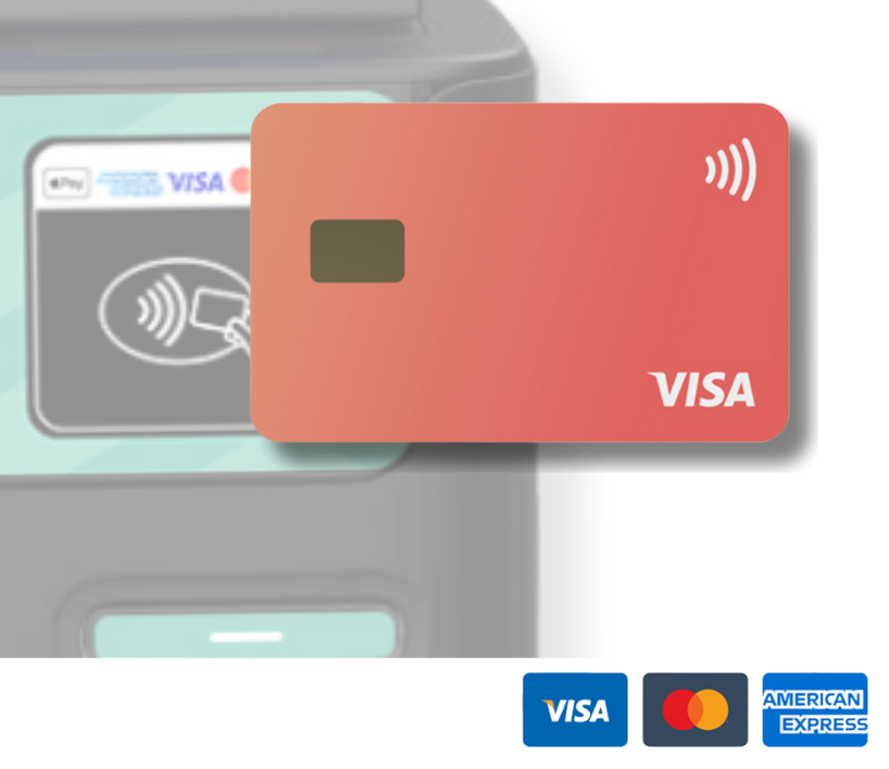 This image depicts a ChargedUp station with a tap card payment option. The station features a contactless card reader and shows a Visa card being tapped, highlighting the ease and convenience of using credit or debit cards, including Visa, Mastercard, and American Express, to rent portable power banks for mobile devices.