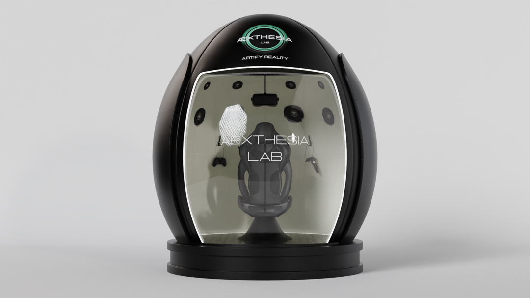 Rendering del Pod Immersivo di ÆXTHESIA LAB, capsula tecnologica per esperienze multisensoriali a 360°.