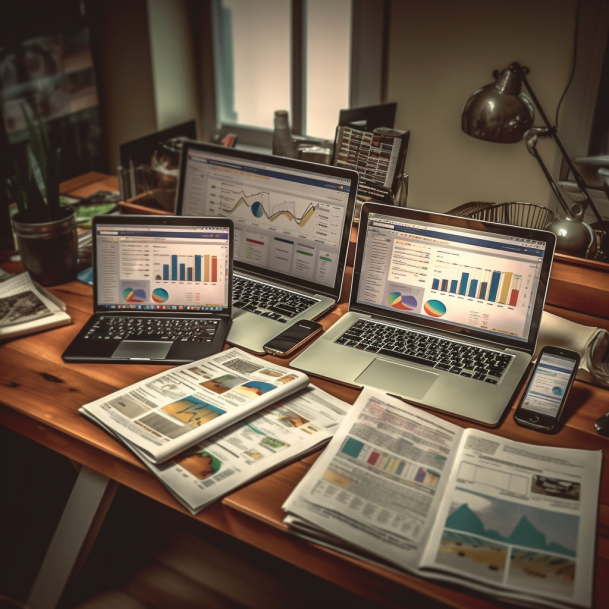 A vibrant, diverse group of PR professionals analyzing campaign success using multiple computer screens displaying key metrics.
