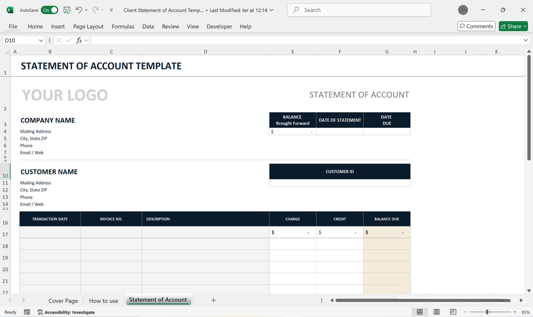 Client Management Pack template showing invoice tracking system
