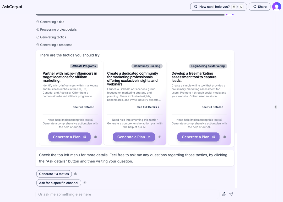 Marketing Tactics example on Cory chat