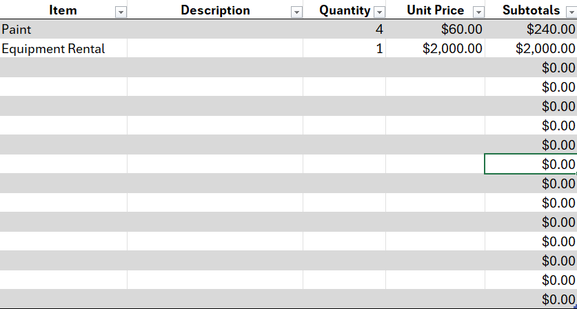 Example of the takeoff sheet part of QuoteKit