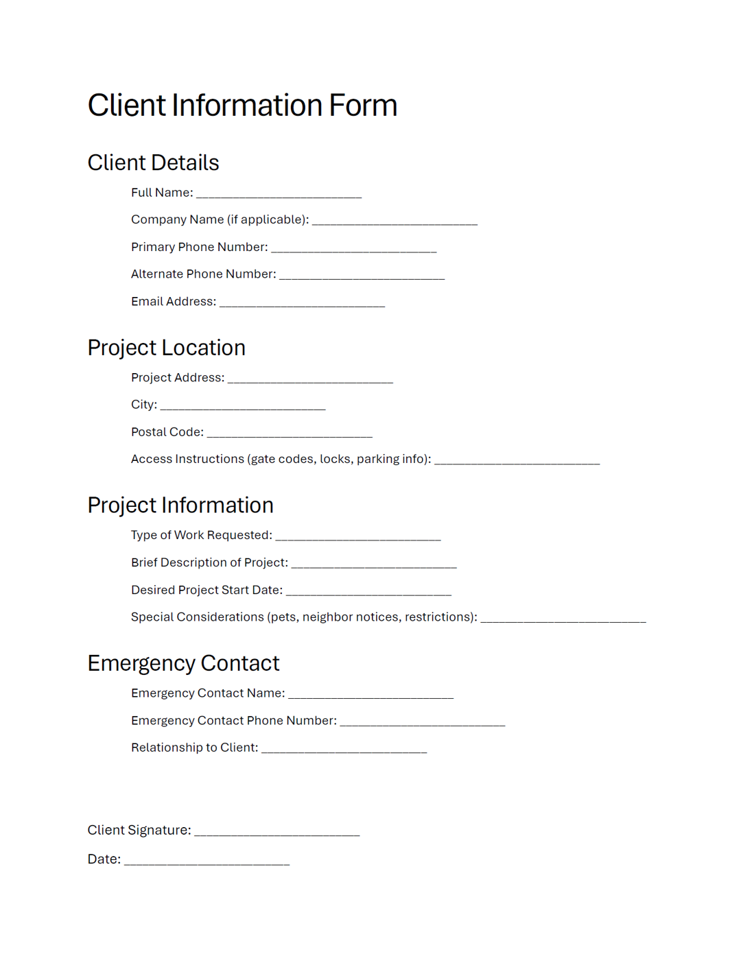 Example client information form template for contractors, part of the FormStack library of ready-to-use project forms