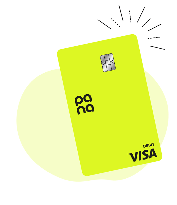 Pana debit card in 4 colors: yellow, black, blue and pink.