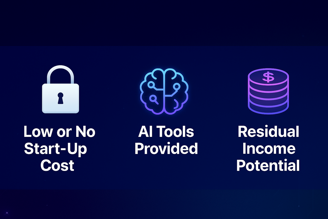 Banner with three columns showcasing online earning benefits: low or no start-up cost with padlock icon, AI tools provided with brain icon, and residual income potential with money emoji – ideal for promoting affiliate and digital opportunities.