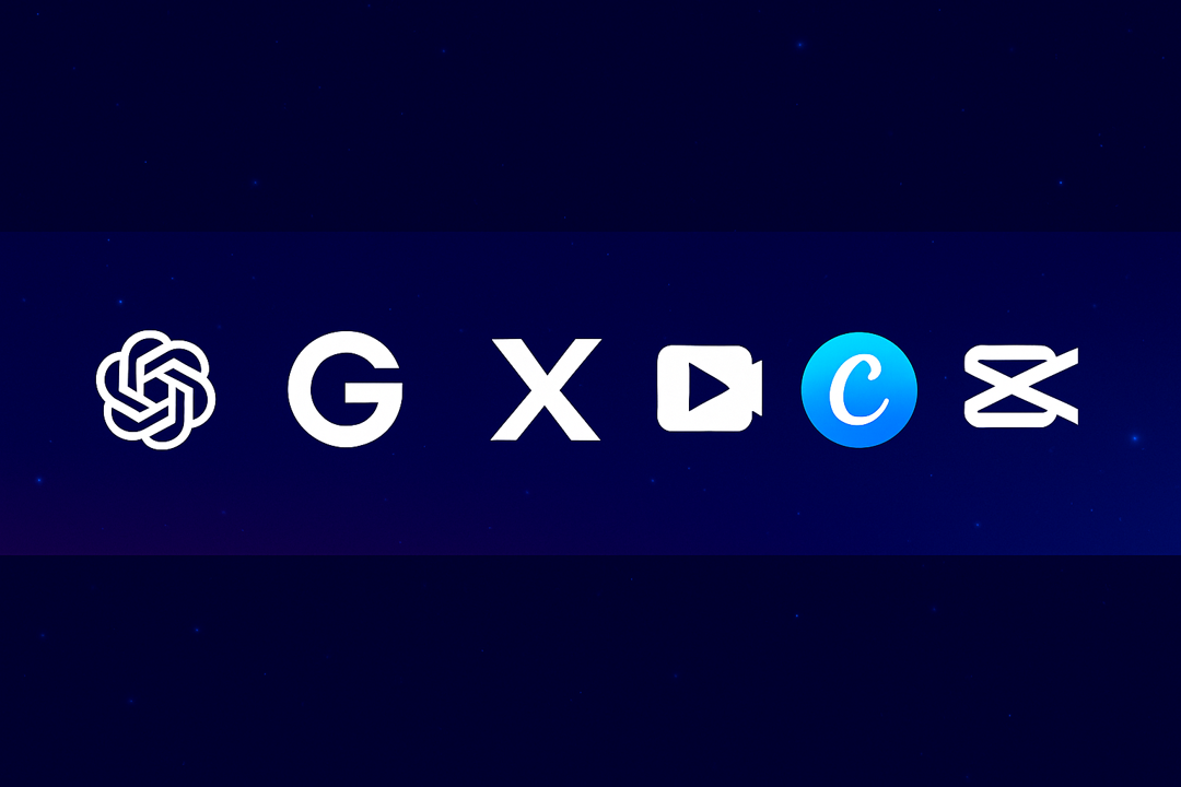 Banner showcasing six AI tools used to build Zero to Rich AI brand: ChatGPT, Google Gemini, Grok, Veo 3, Canva, and CapCut – displayed as icons in a horizontal layout on a dark, digital-themed background.”  Let me know if you'd like a shorter or more casual version too!