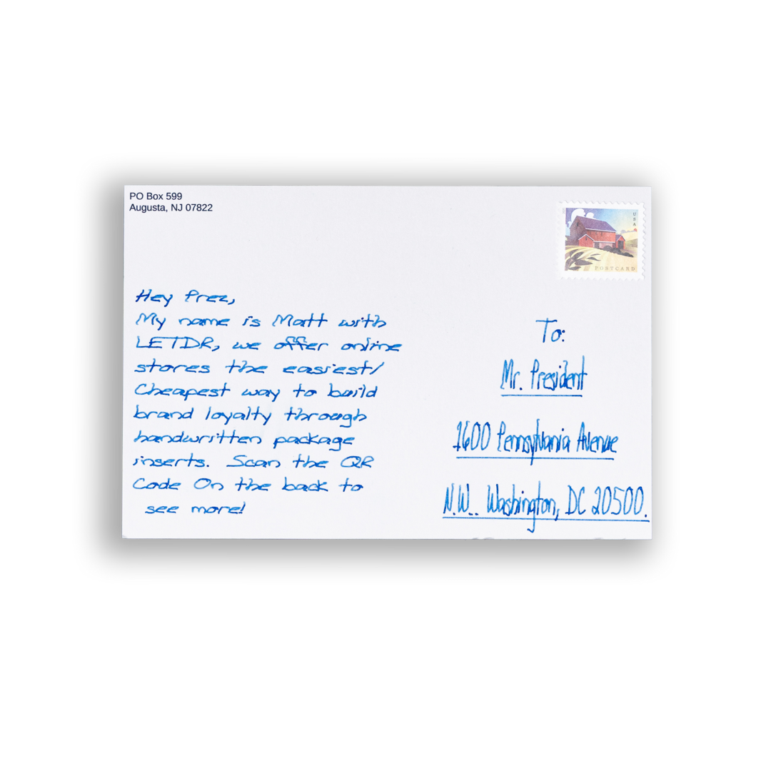 An average sized handwritten postcard ready to be sent to Mr.Prez