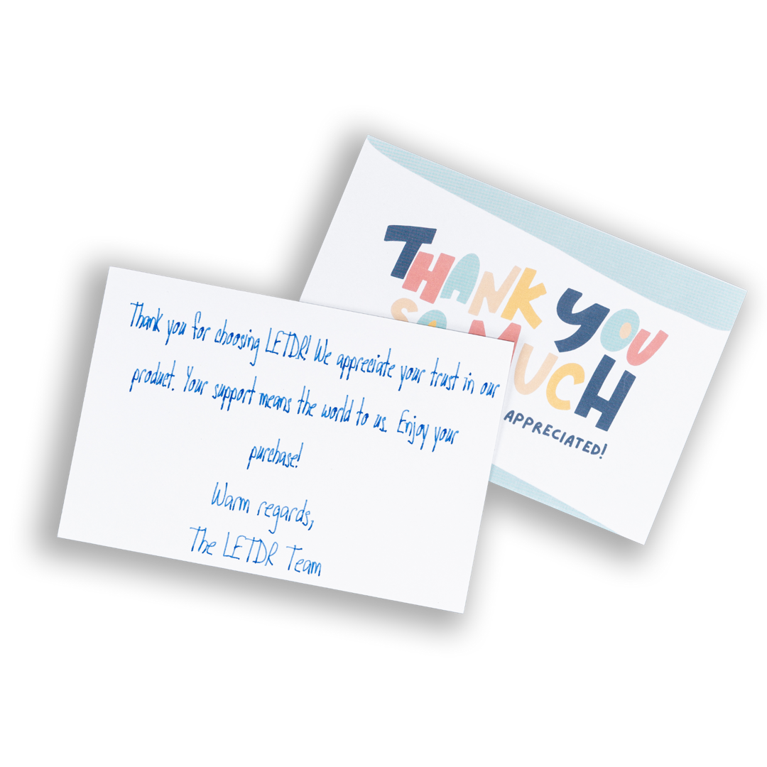 A 4x6 handwritten thank you card, that feature many different colors and blue pen ink.