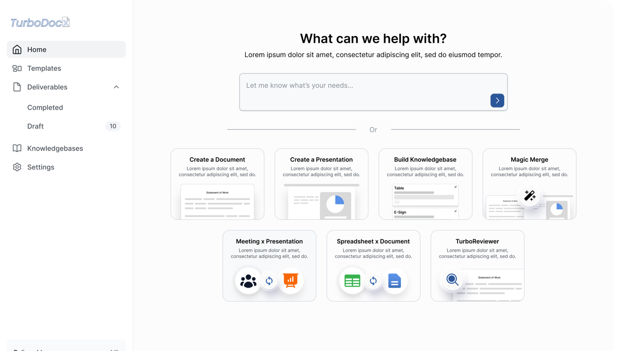Image of the Home UI of TurboDocx's document automation and templating platform.