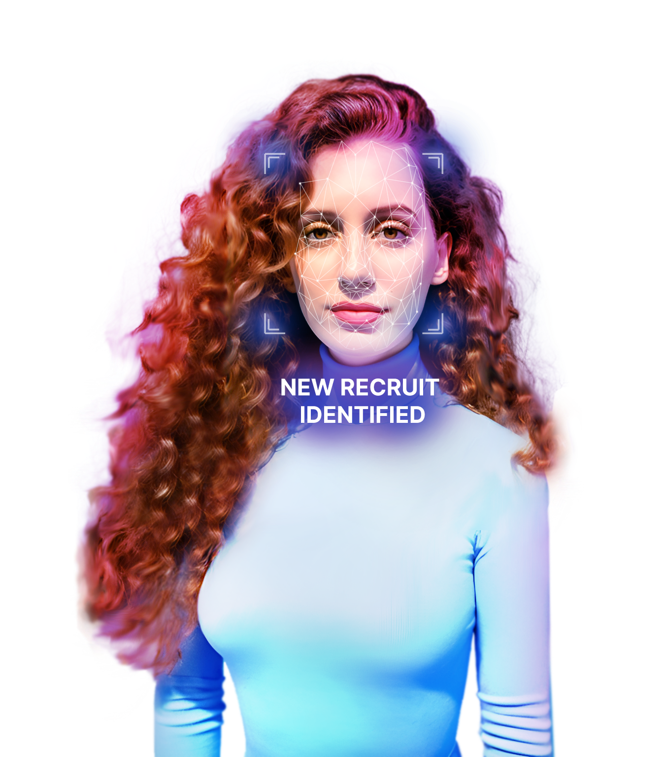 A digital art of Giovanna, she is white woman, with curly long ginger hair, wearing a light blue turtleneck. In front of her face appears a lines simulating a facial recognition screening, under it is written "new recruit identified"