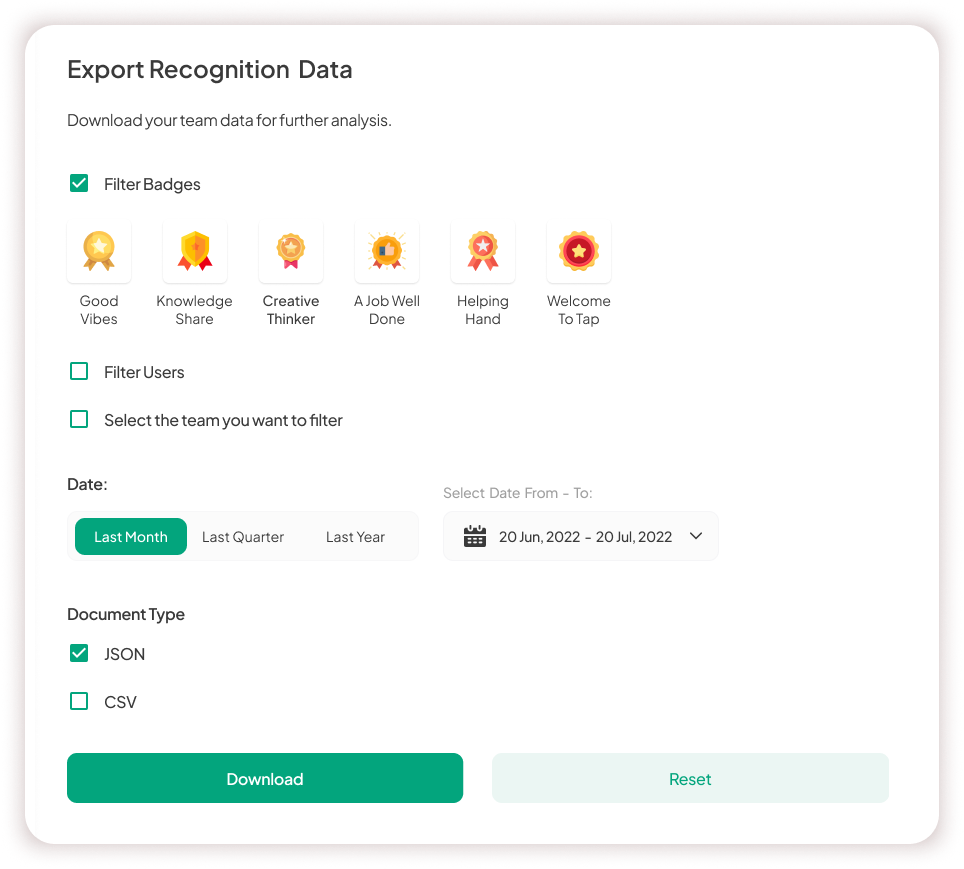 Export Recognition Data filtering badges or users to CSV or JSON files