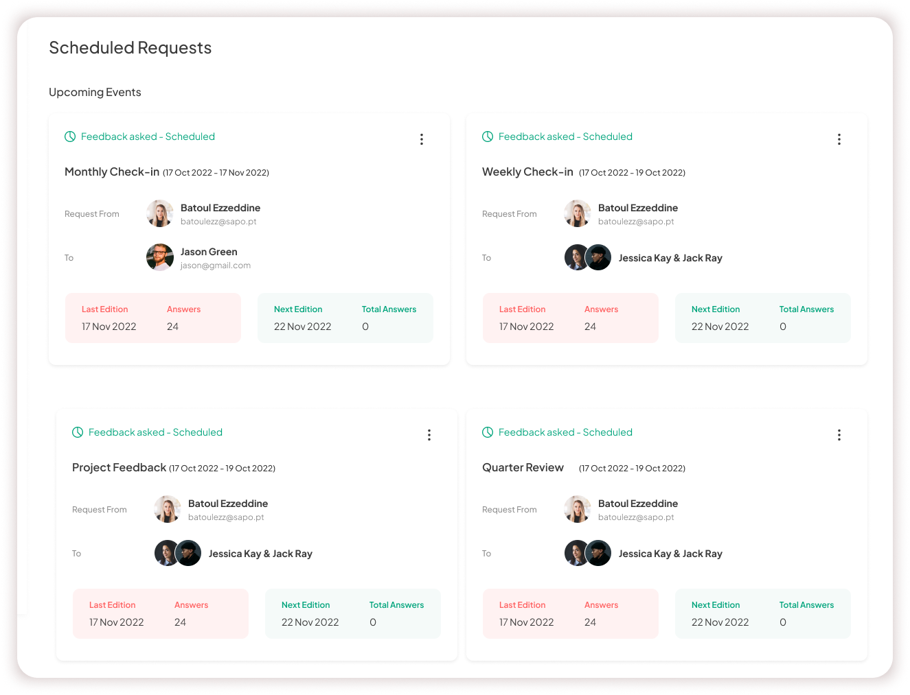 Dashboard of scheduled feedback requests from different teams