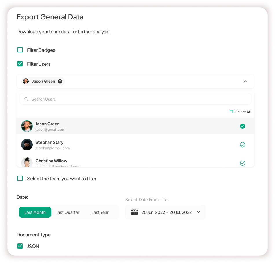 Export General Data dashboard, filtering by users