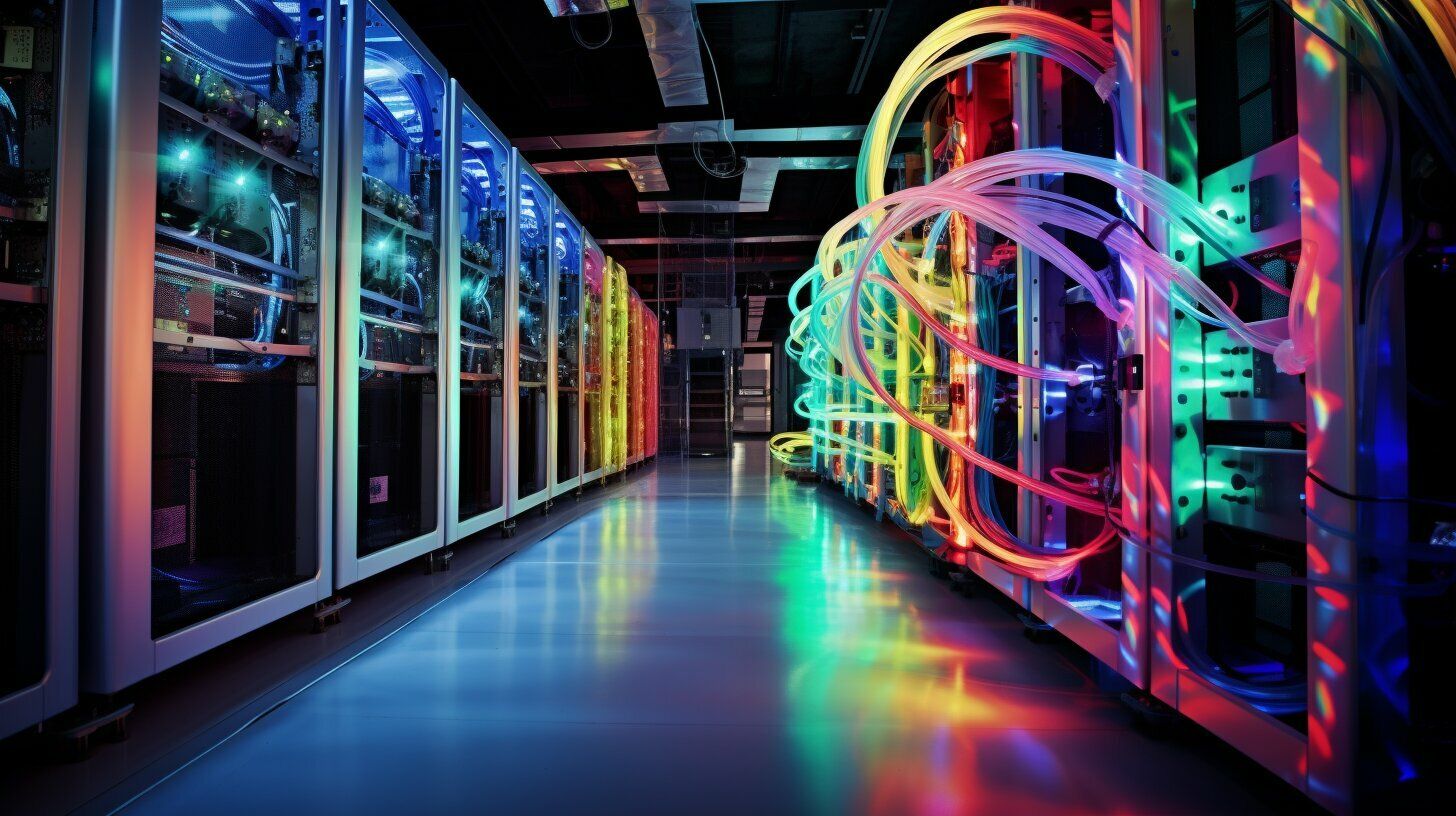 Data center hallway with colored lights