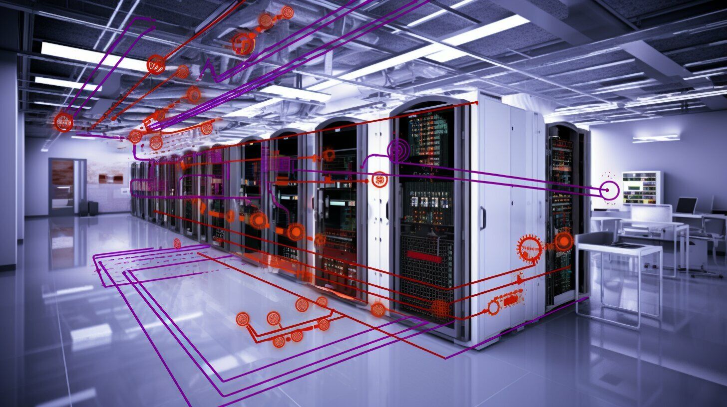 A server row in a data center with a schematic overlay.