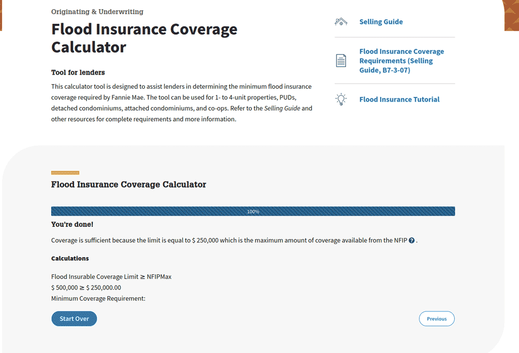 The UI for Fannie Mae's flood insurance Coverage Mortgage Requirement Calculator