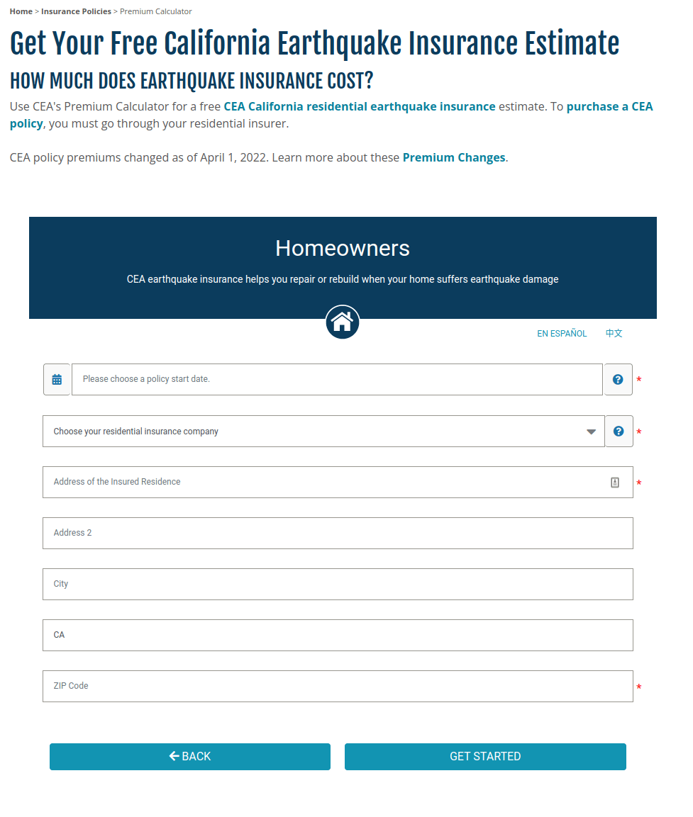 Screenshot of the UI for California Earthquake Authority Inusurance Premium Calculator