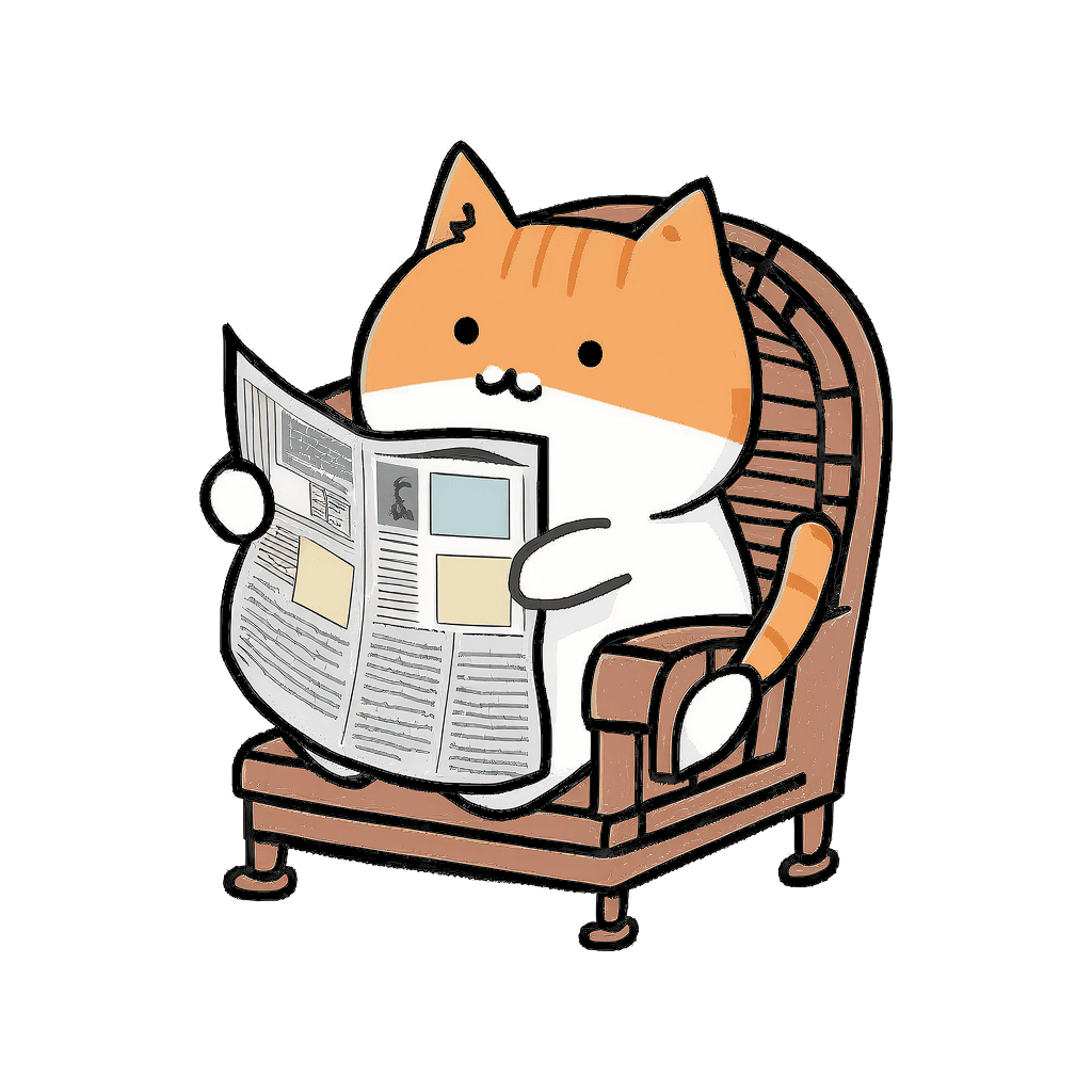 An orange and white cat sits in a wooden chair and reads a newspaper