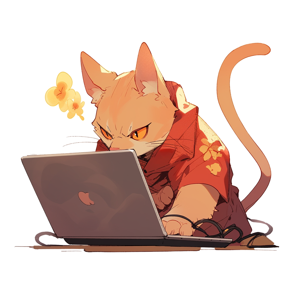 A stressed cat in a Hawaiian-style shirt types at a computer.