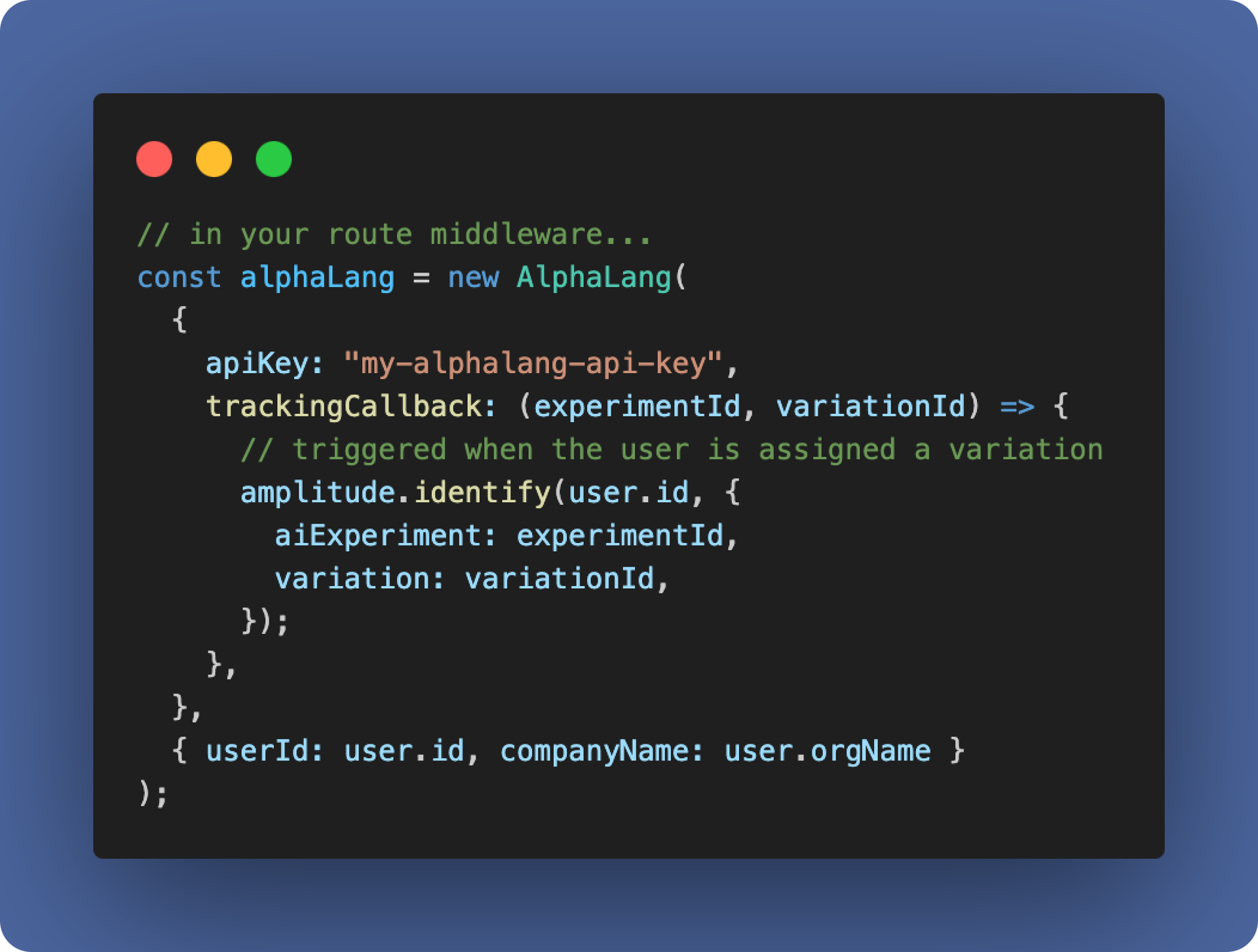 alphalang typescript sdk tracking callback example