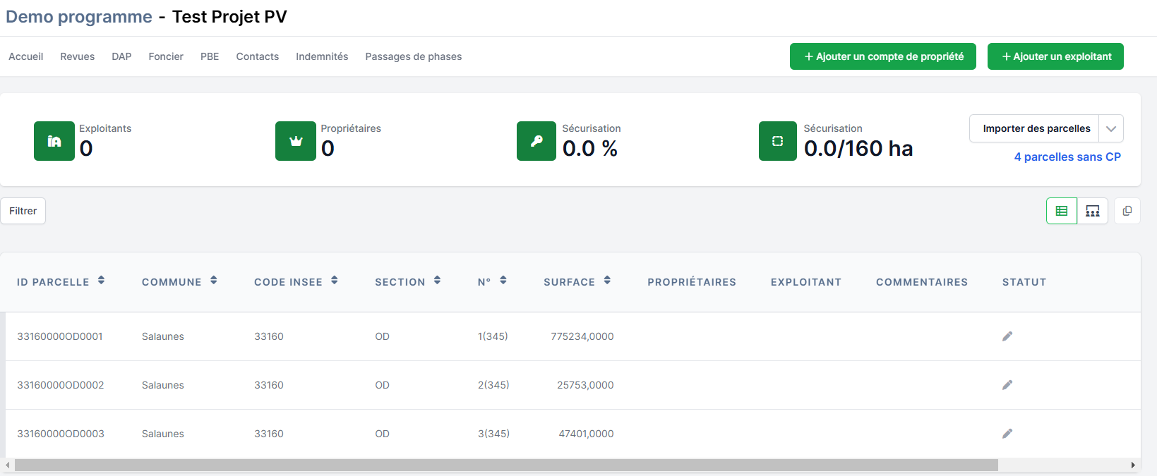 Page gestion des contacts et des sites fonciers