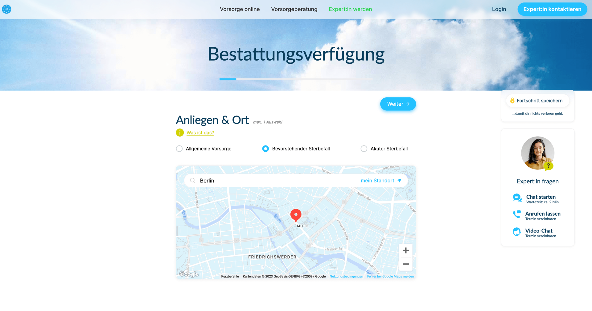 Startbildschirm der Online-Strecke “Bestattungsverfügung”.