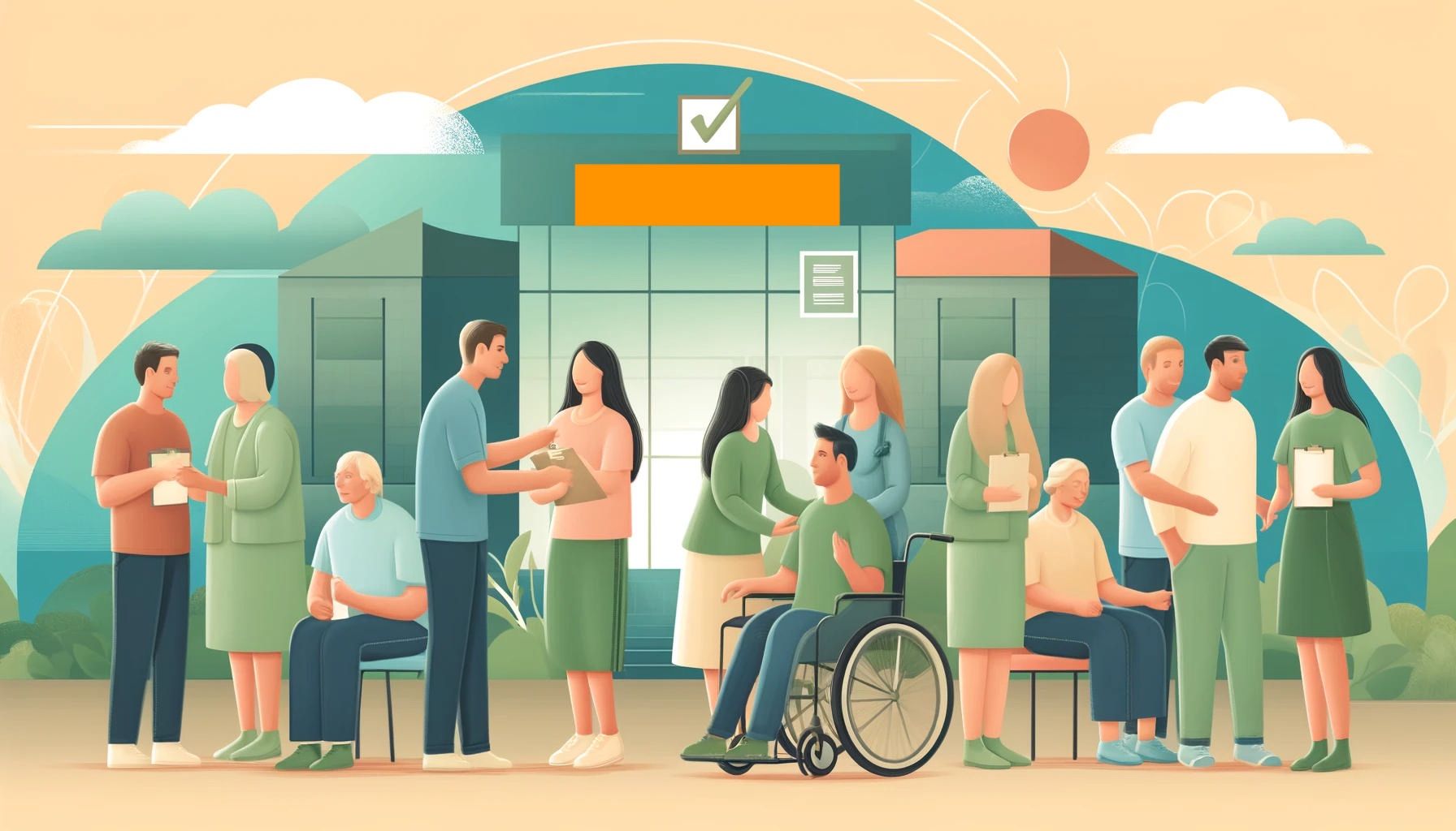 Illustration Behinderte Menschen vor Gebäude