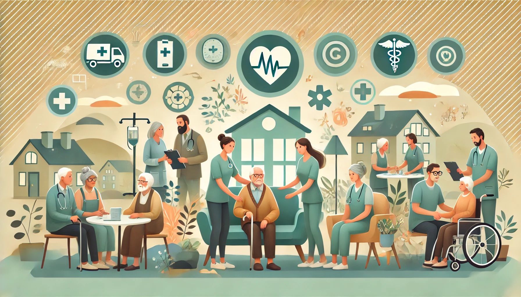 Illustration Pflegeheim und Helfer