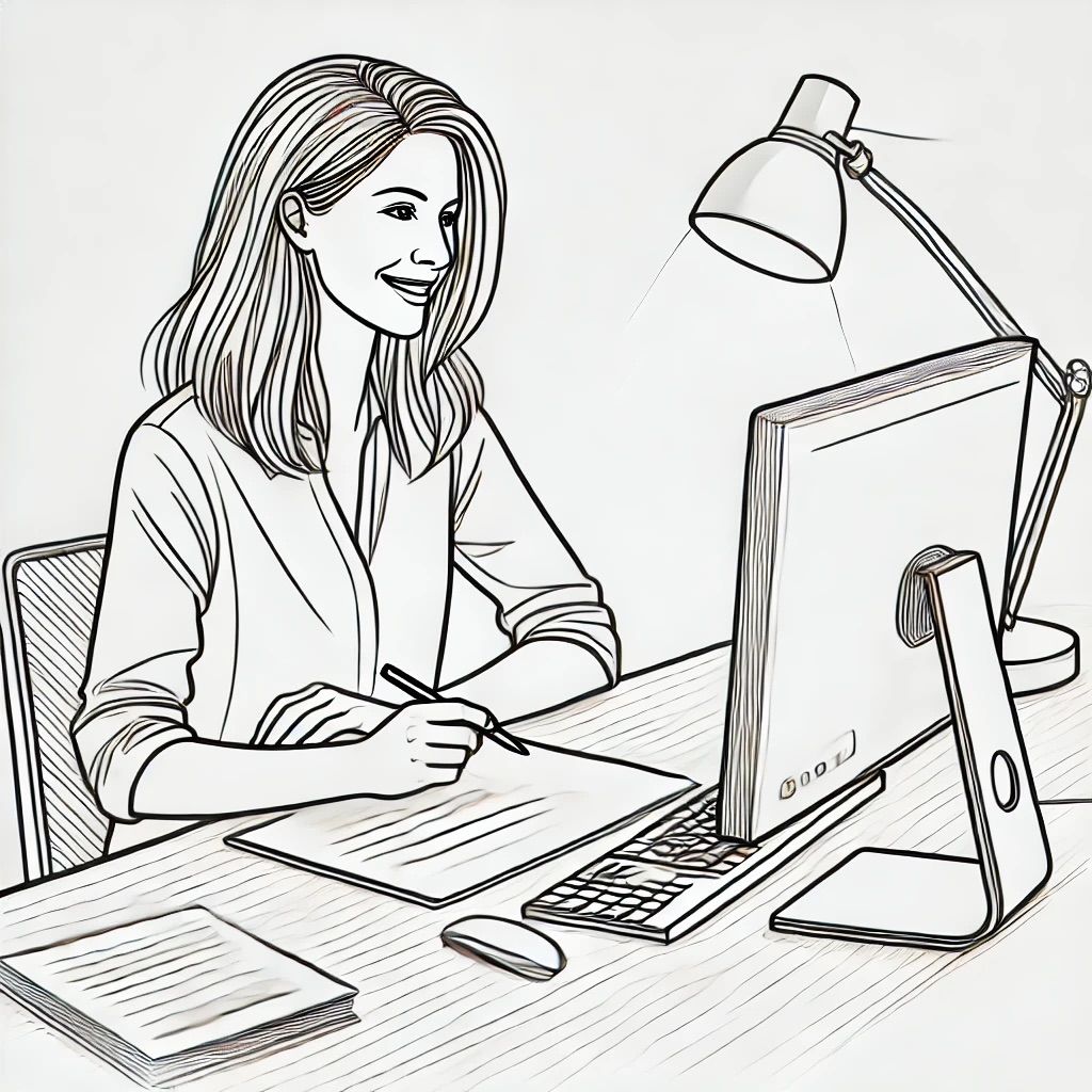 Bleistiftzeichnung einer VorsorgePlanerin, die an ihrem Schreibtisch an einer Online-Schulung teilnimmt, während sie auf den Bildschirm schaut und Notizen macht.