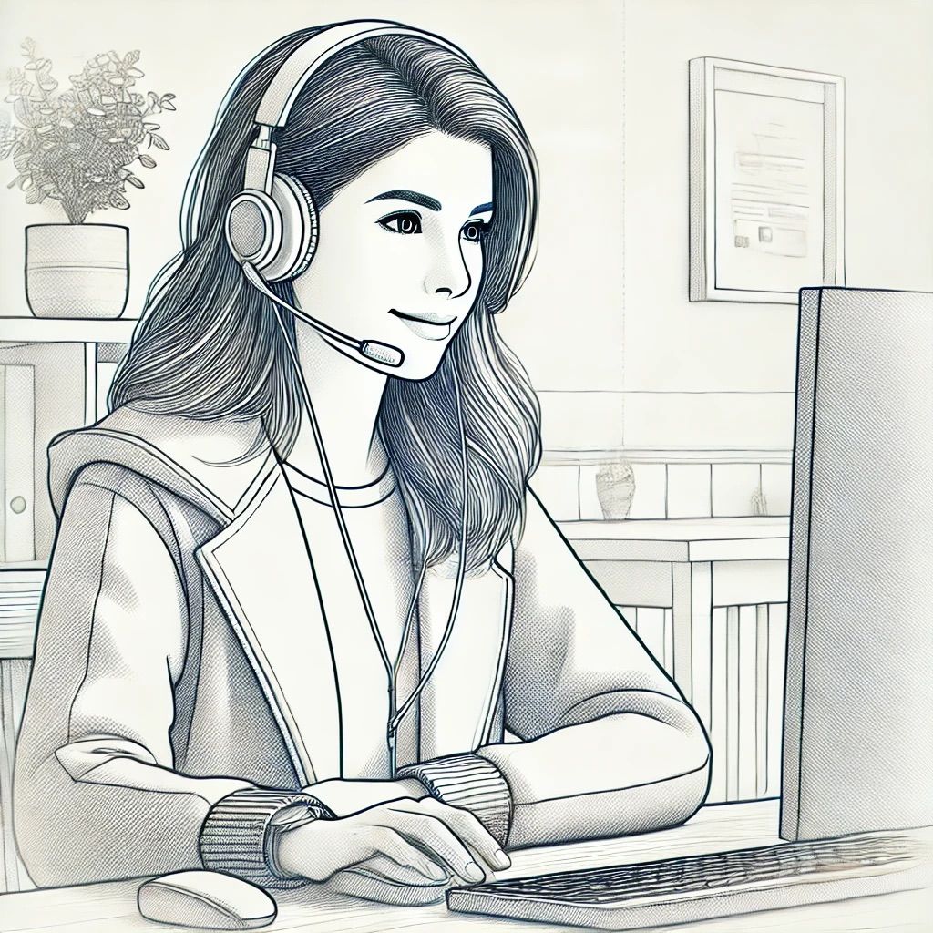 Eine Vorsorgeplanerin nimmt lächelnd an einer Online-Schulung teil. Sie sitzt an einem Schreibtisch mit einem Laptop vor sich, konzentriert auf den Bildschirm, während sie Notizen macht. Die Szene vermittelt eine positive und professionelle Arbeitsatmosphäre.