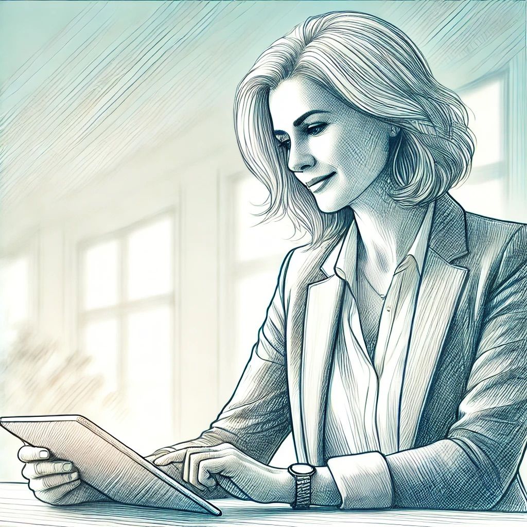 Bleistiftzeichnung einer selbstbewussten, 50-jährigen Vorsorgeplanerin, die an einem Tablet arbeitet, mit einem hellen Hintergrund, der Ruhe und Professionalität vermittelt.