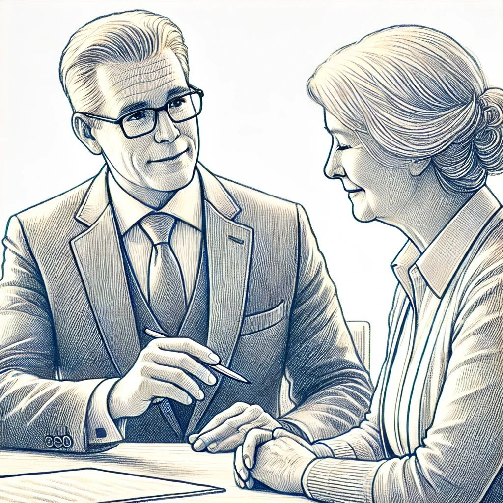 Das Bild zeigt einen professionellen Vorsorgeplaner, der eine ältere Frau freundlich berät. Beide wirken engagiert im Gespräch, und die Szene vermittelt eine warme, positive Atmosphäre. Der minimalistische Hintergrund lenkt den Fokus auf die empathische Interaktion zwischen den beiden.