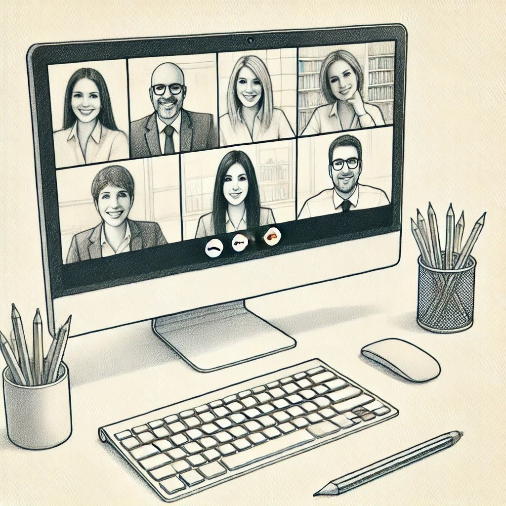 Das Bild zeigt eine klare, helle Bleistiftzeichnung eines Computerbildschirms, auf dem mehrere Teilnehmer während einer Video-Schulung zu sehen sind. Die Teilnehmer haben freundliche und engagierte Gesichtsausdrücke, die eine positive und professionelle Atmosphäre vermitteln. Das Bild zeigt die virtuelle Interaktion in einem minimalistischen Stil.
