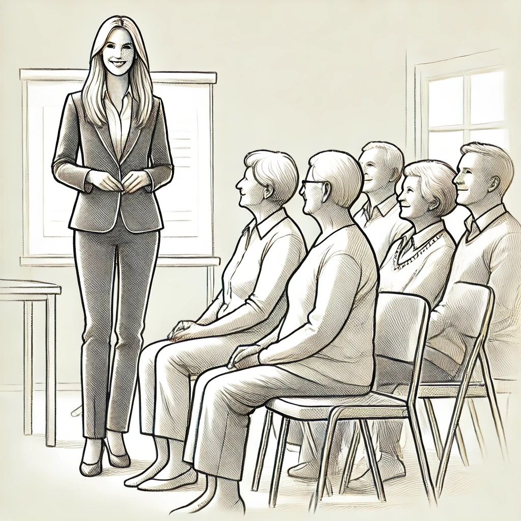 Hier ist das Bild, das eine VorsorgePlanerin zeigt, die einen Vortrag vor fünf älteren Personen hält. Es vermittelt eine positive und professionelle Stimmung, ganz im Stil der vorherigen Zeichnungen.