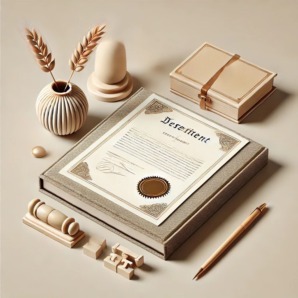 Ein stilisierter Schreibtisch mit einem Stapel Papiere und einer Hand, die eine Unterschrift auf ein Dokument setzt, symbolisiert die Erstellung eines Testaments.
