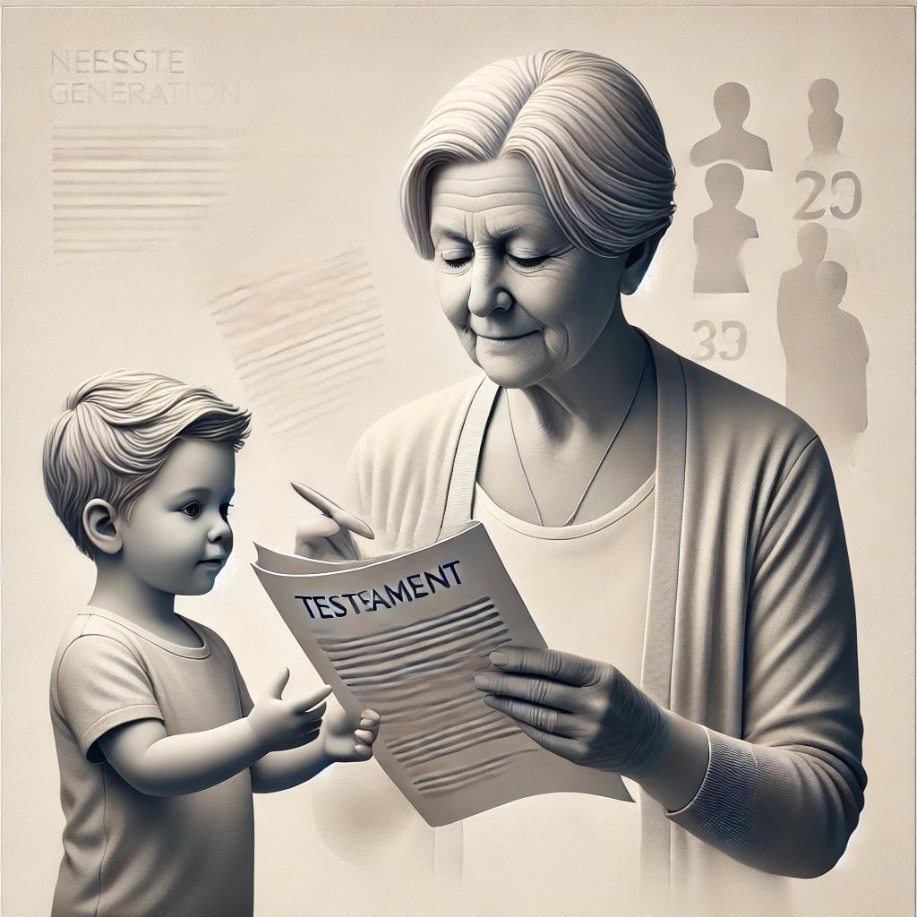 Eine Elternfigur übergibt ein Testament an ein jüngeres Familienmitglied, symbolisch für die Weitergabe des Vermögens an die nächste Generation.