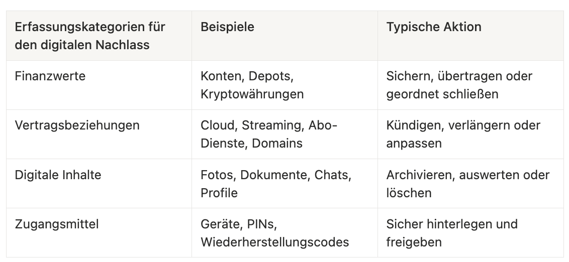 Tabelle: Erfassungskategorien für den digitalen Nachlass