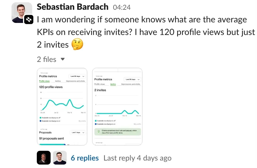 Question withing GigRadar slack community channel on invitation KPIs