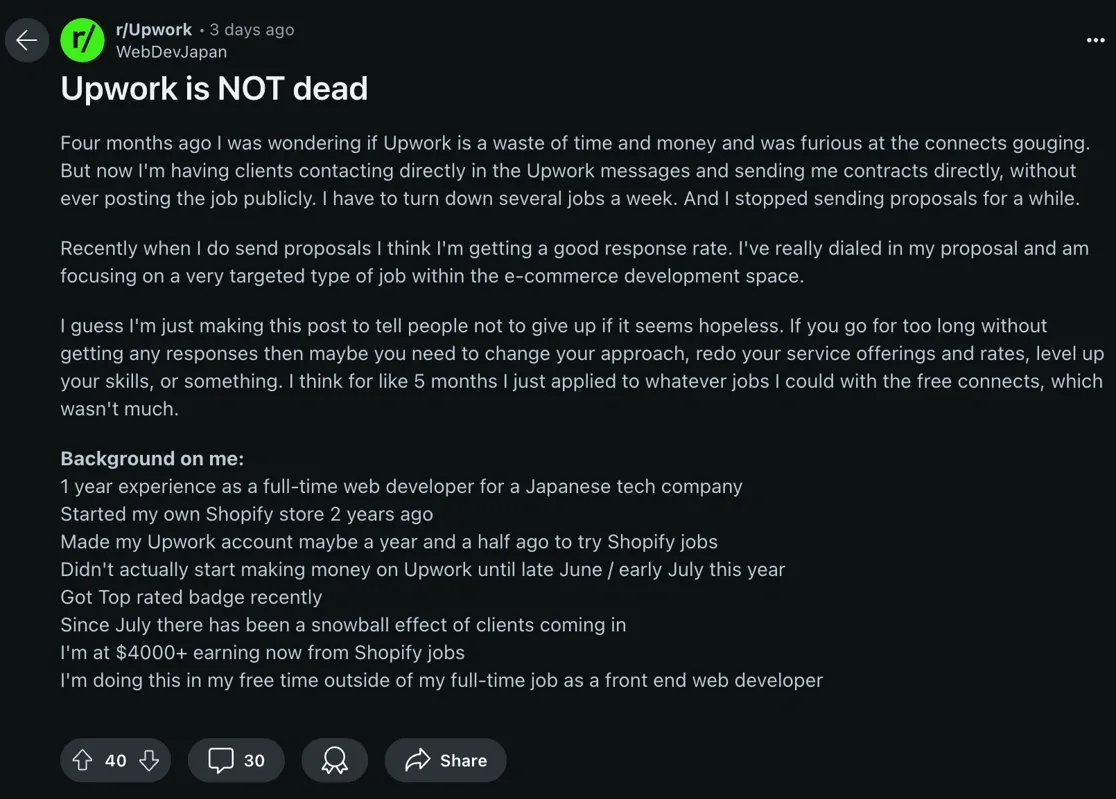fresh post from an Upwork freelancer