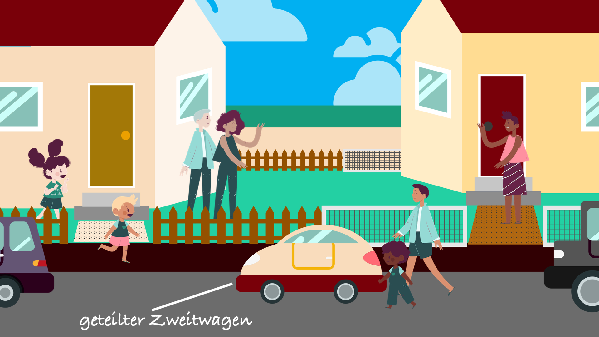 Illustration von Menschen verschiedener Altersgruppen und Hintergründe in einer kleinstädtischen Nachbarschaft, interagierend vor ihren Häusern mit dem Schriftzug 'geteilter Zweitwagen' und Autos im Vordergrund.