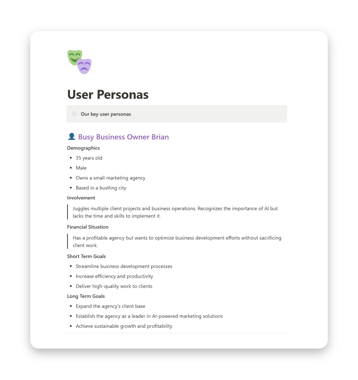 A screenshot of the 'User Personas' page on BundlyAI, showcasing detailed profiles of ideal customers for better understanding and targeted marketing.