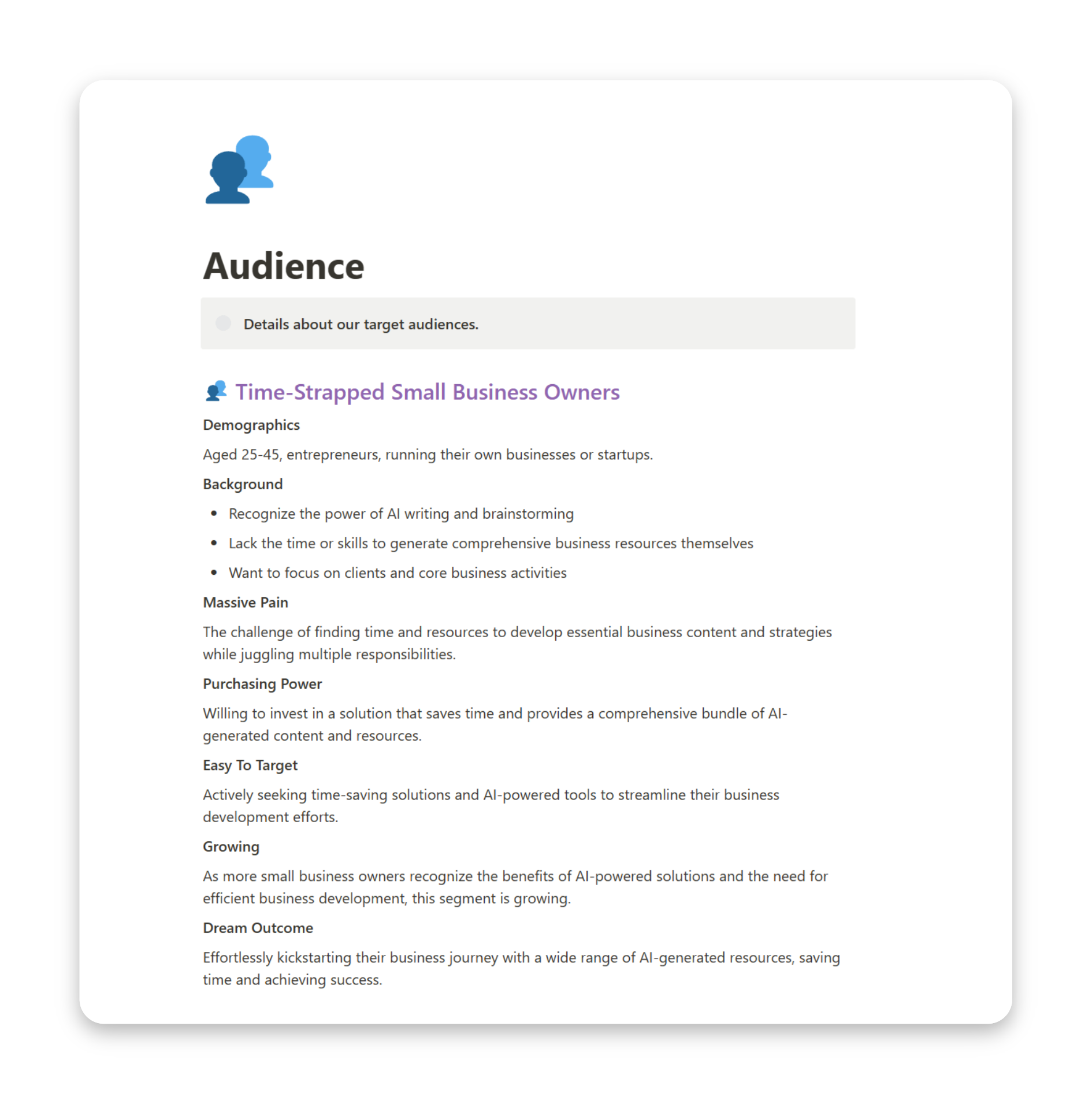 A screenshot of the 'Audiences' page on BundlyAI, showcasing detailed information about ideal customer profiles, their demographics, needs, and behaviors.