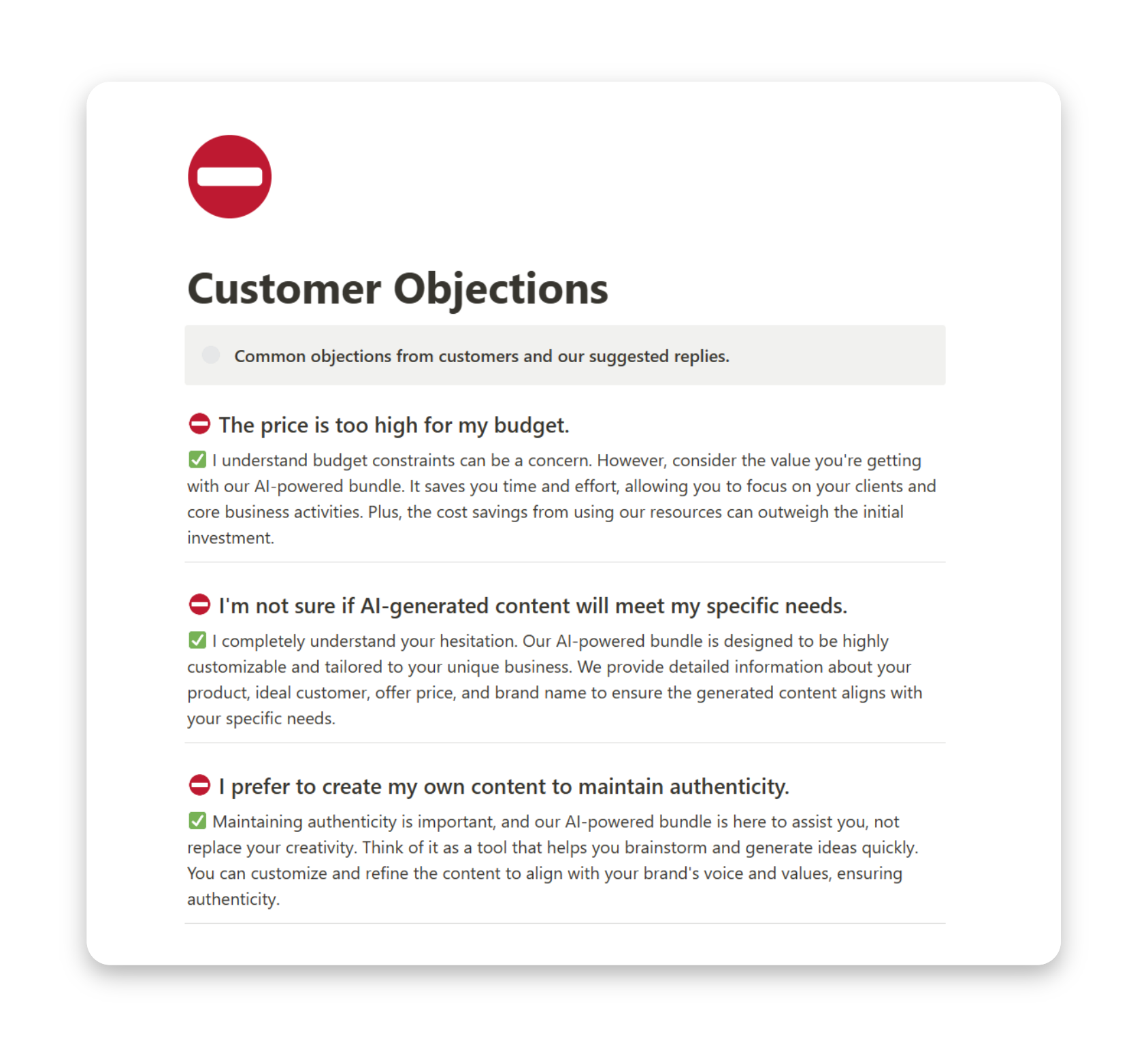 A screenshot of the 'Customer Objections' page on BundlyAI, showcasing a list of critical customer objections and effective responses to handle them.