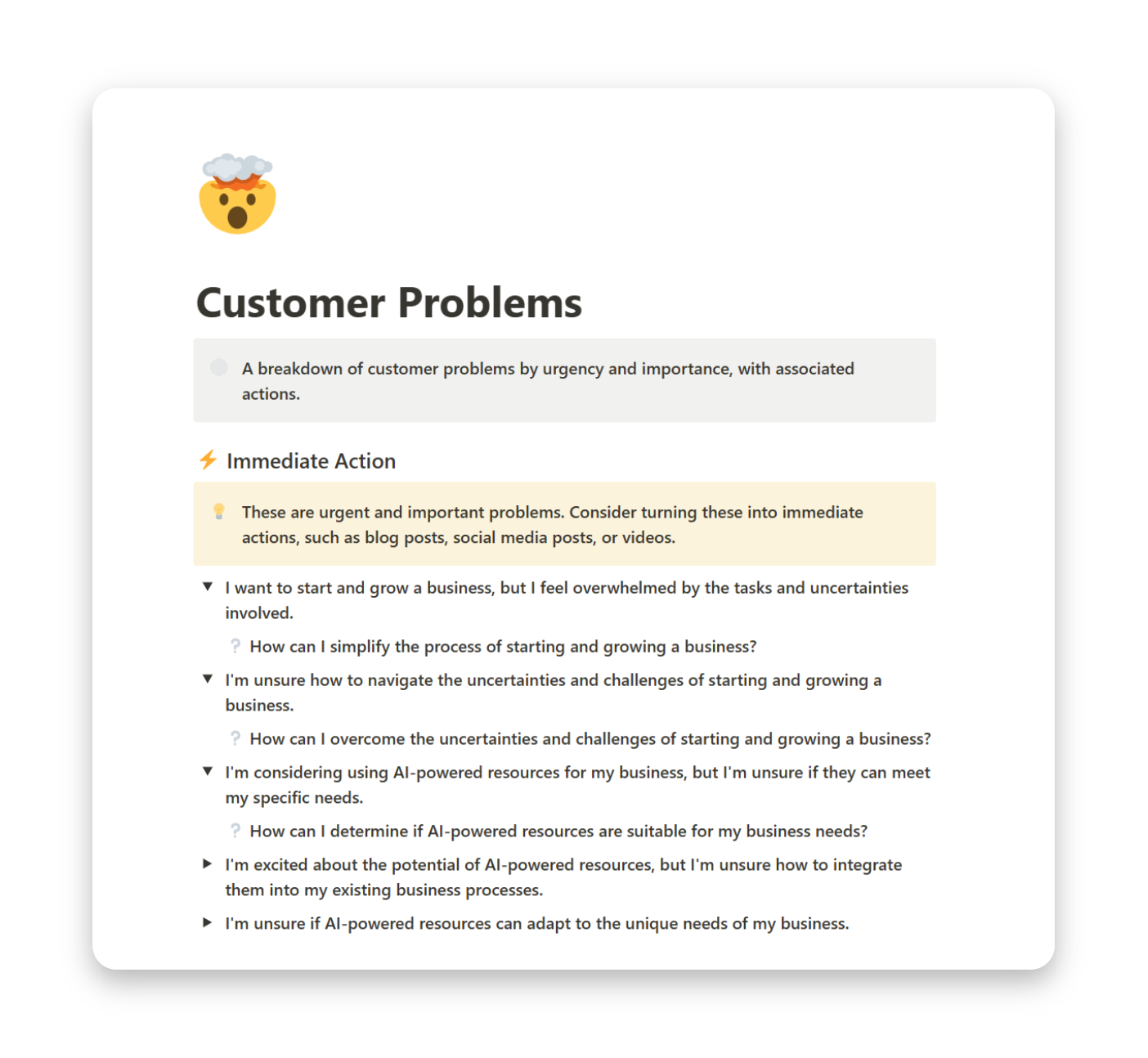 A screenshot of the 'Customer Problems' page on BundlyAI, showcasing a prioritized breakdown of customer problems and suggested immediate actions.