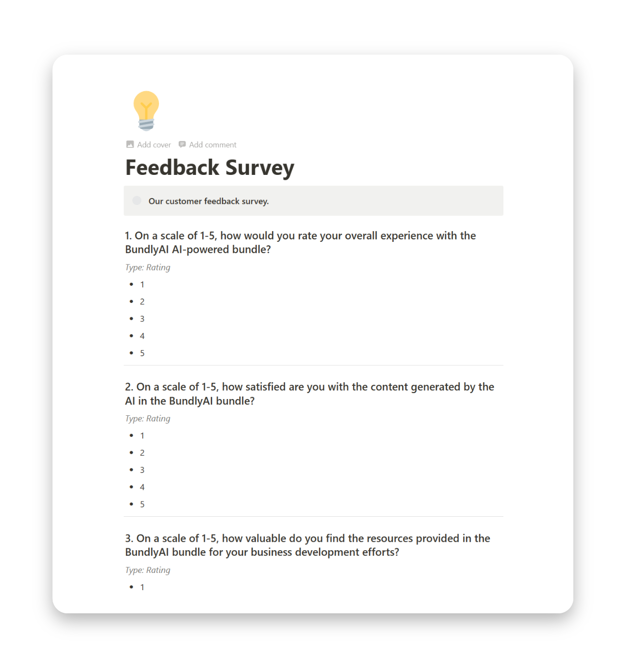 A screenshot of the 'Feedback Survey' page on BundlyAI, showcasing a customizable feedback survey to collect valuable customer insights.